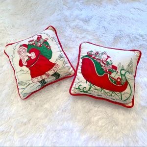 Vintage Christmas Holiday Santa And Sleigh Mini Pair Of Pillows
